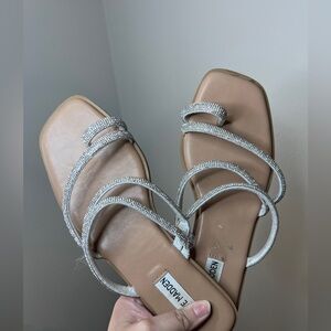 Steve Madden Tan Sandals with Glittering Silver Straps